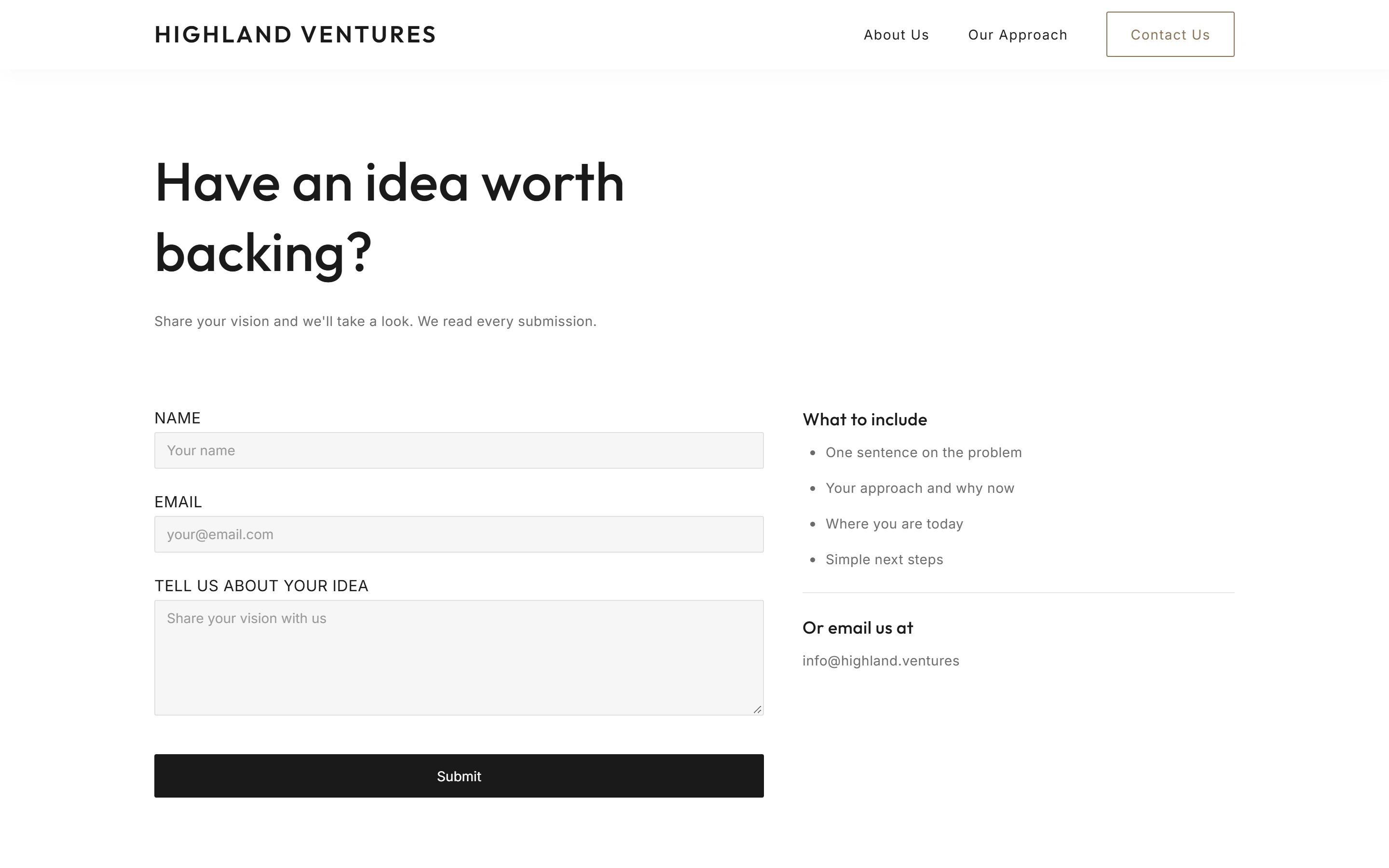 The Contact page on desktop: the idea form