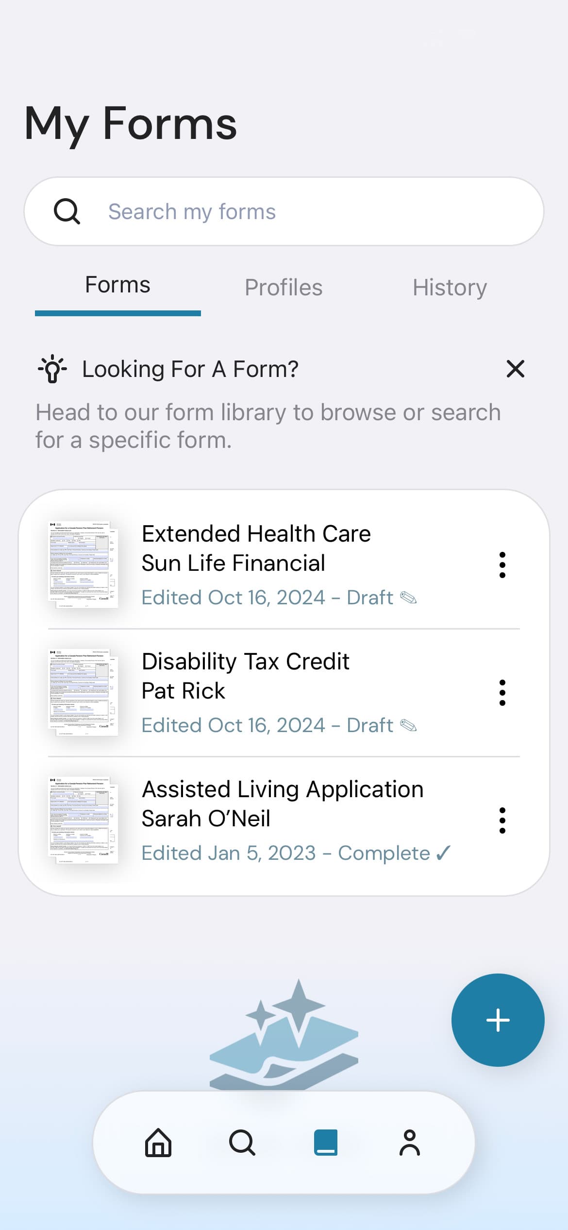 The My Forms screen: search, tabs for forms, profiles and history, and saved forms with their status