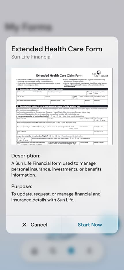 A form's details on a phone, ready to start