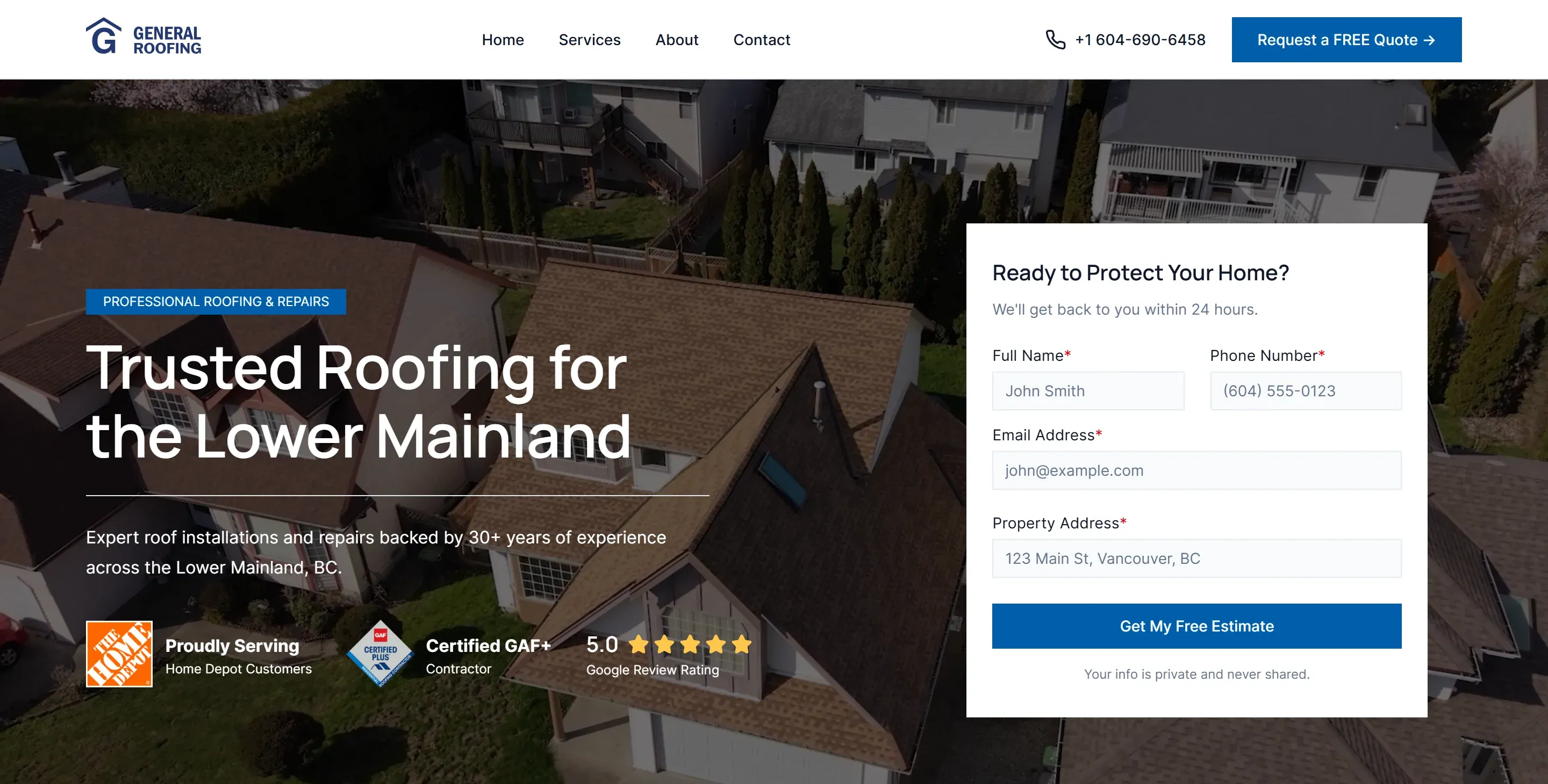 The new homepage: aerial video, headline, trust badges and a four-field quote form