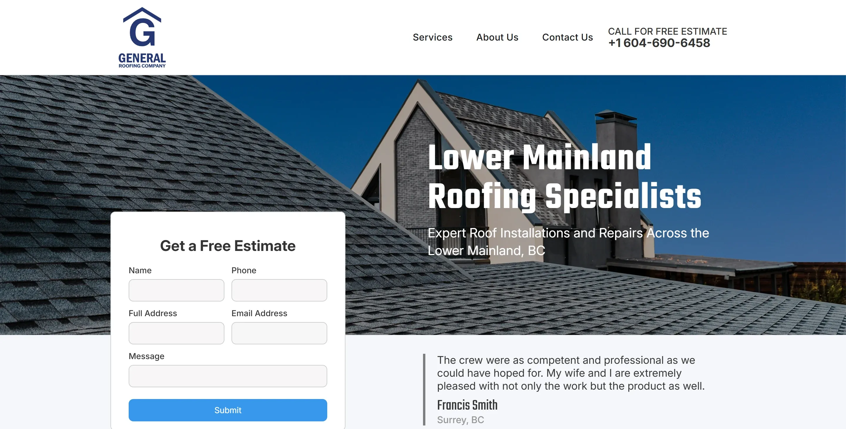 The old General Roofing homepage: a roof photo, a headline and a floating estimate form