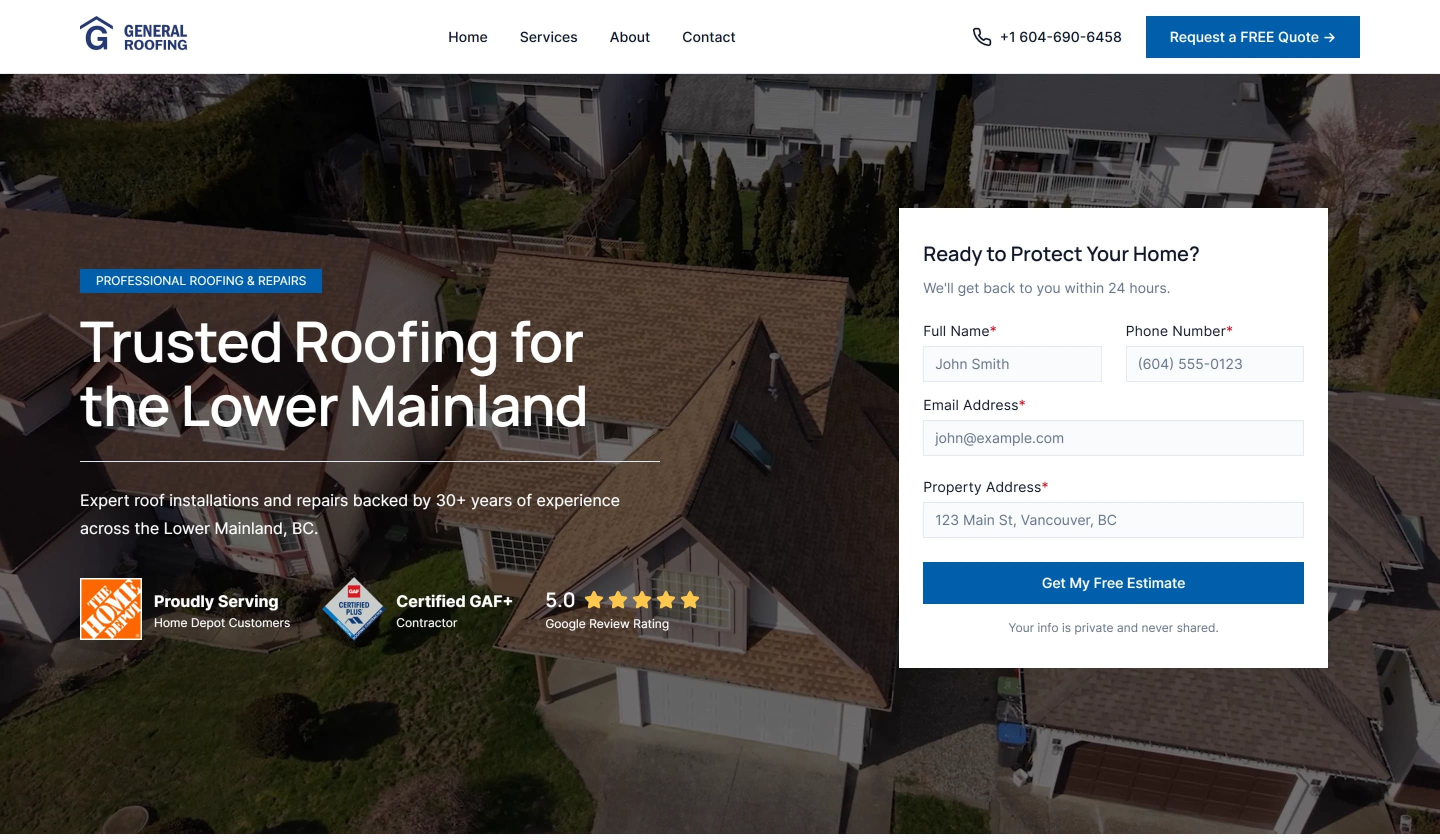 The homepage's first screen: the navigation with a Request a FREE Quote button, the headline, trust badges and a four-field quote form