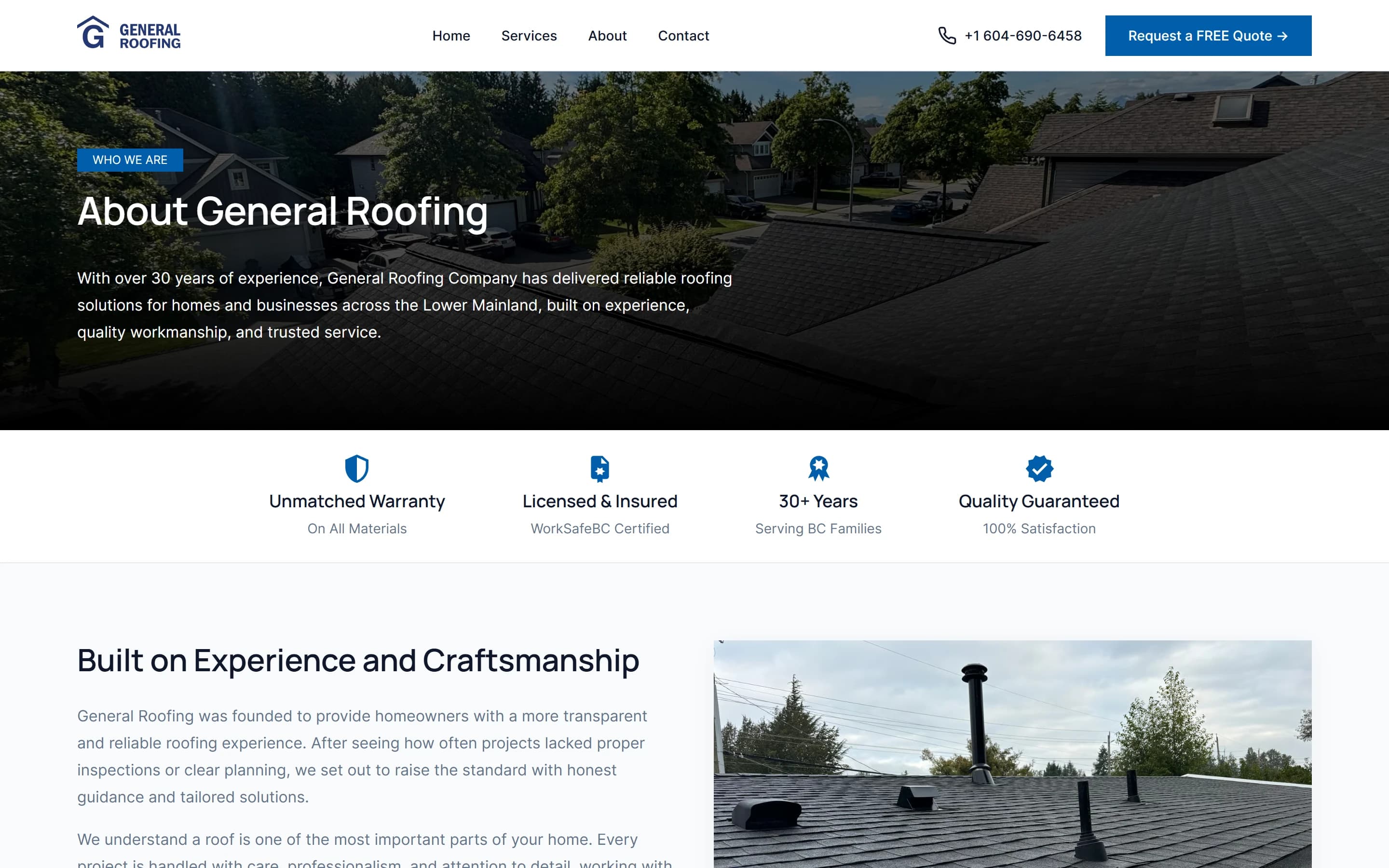 The about page on desktop