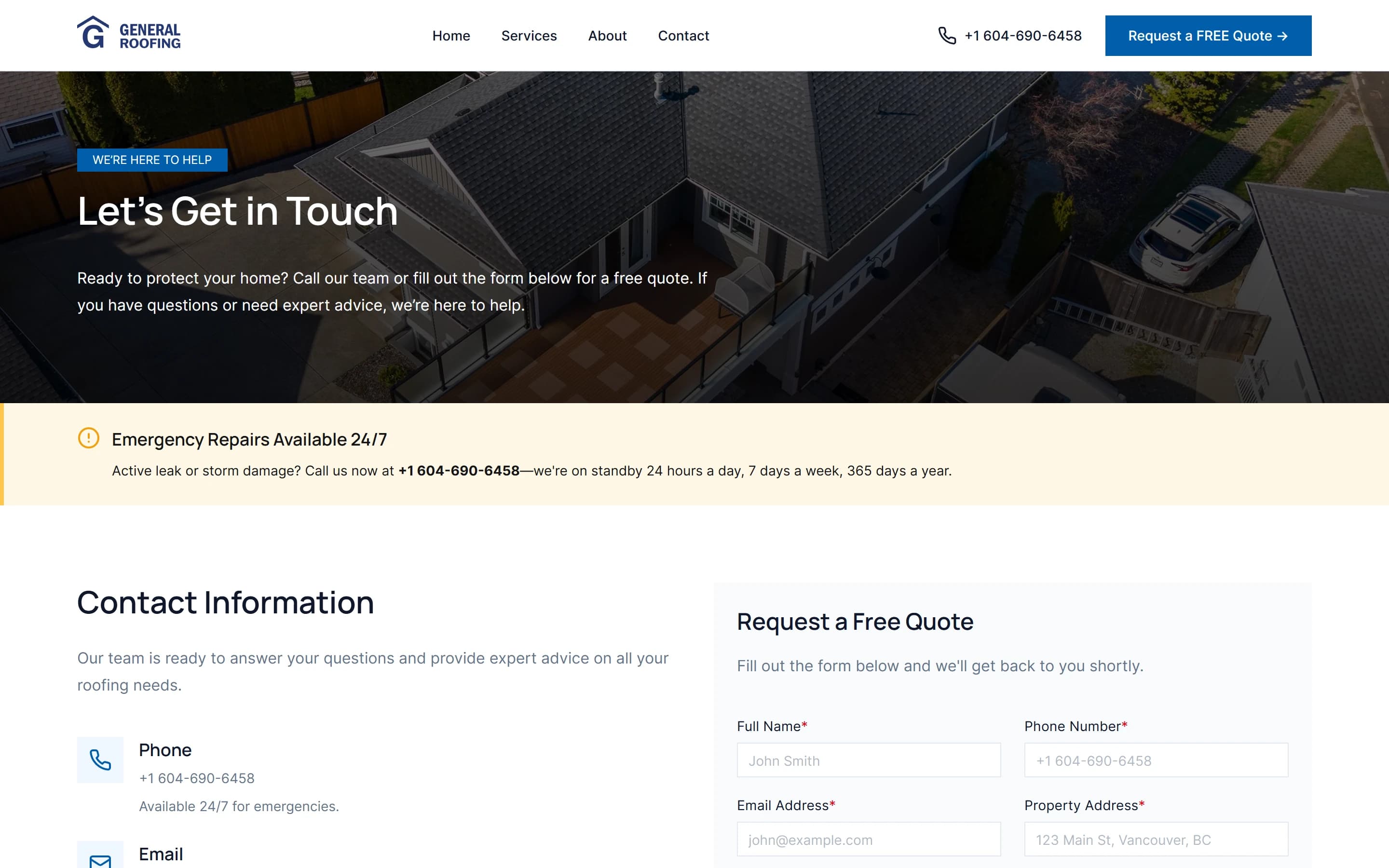 The contact page on desktop