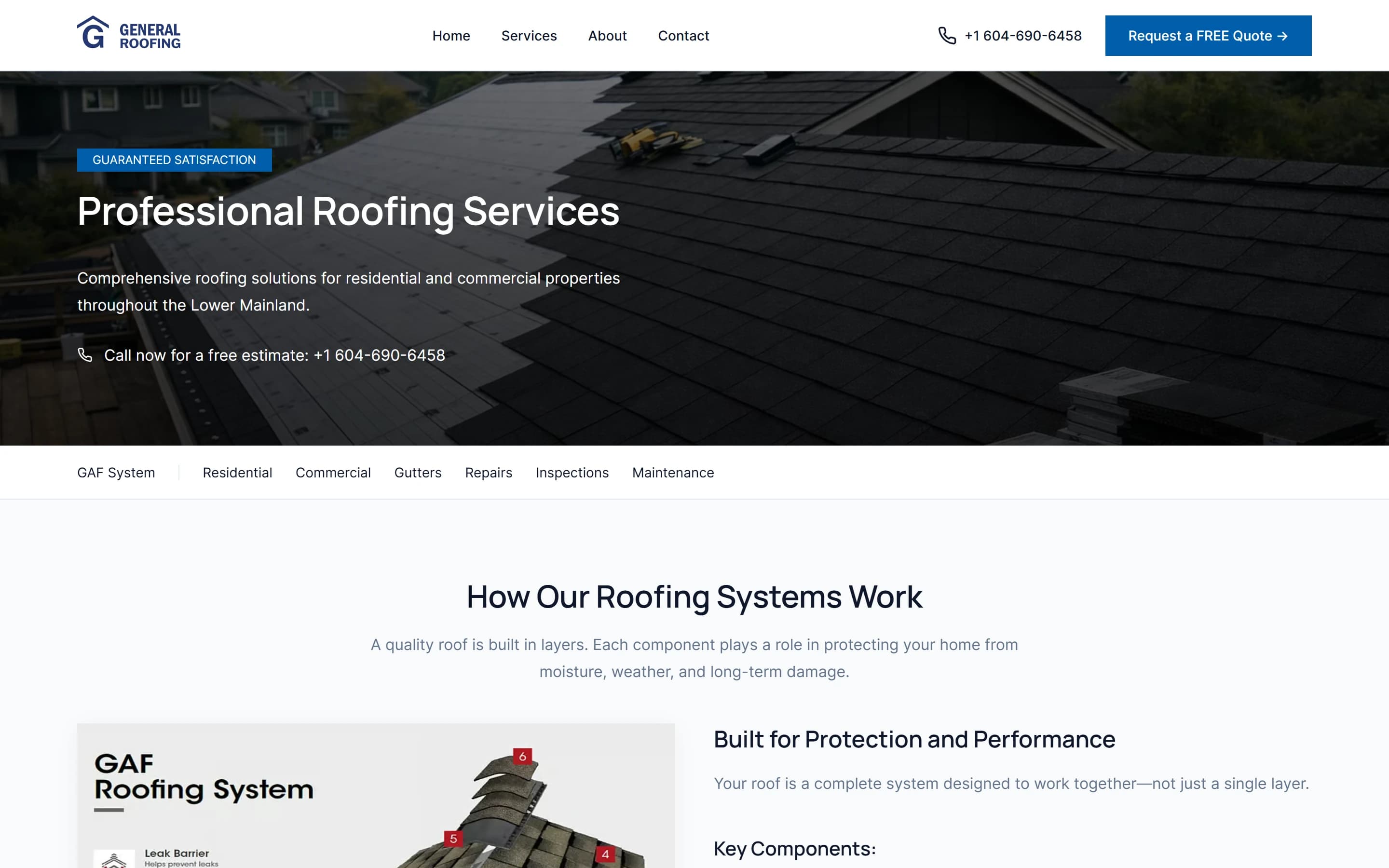 The services page on desktop: tabs and the layered roofing system explainer