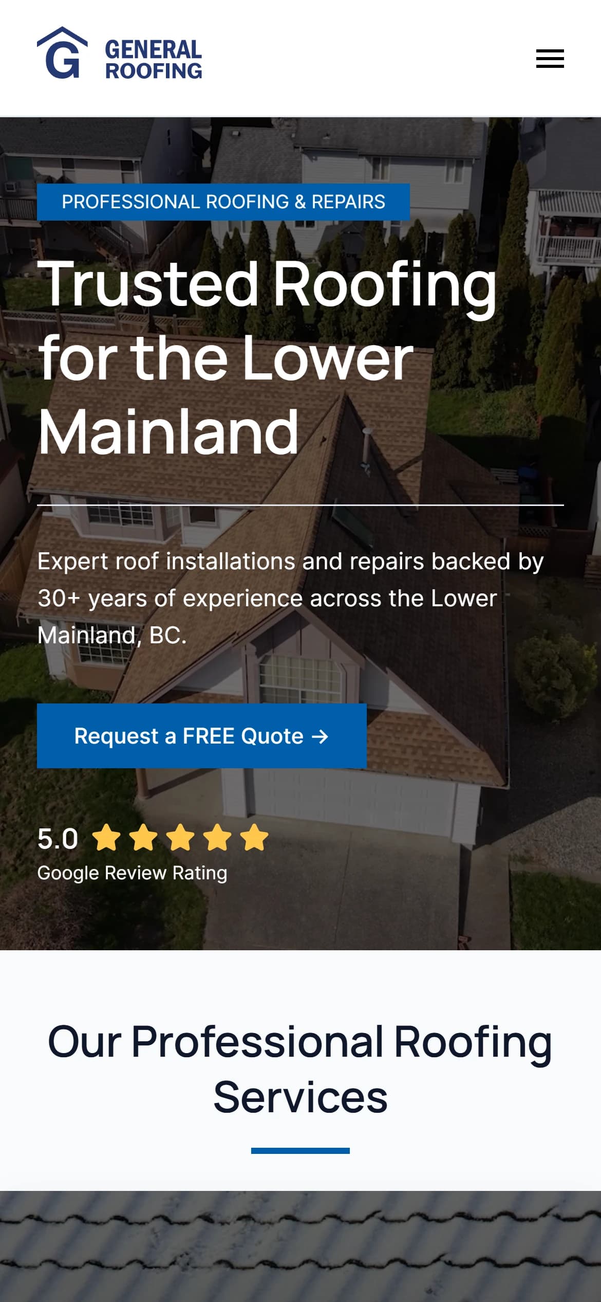 The homepage hero on a phone, with the quote form as a single button